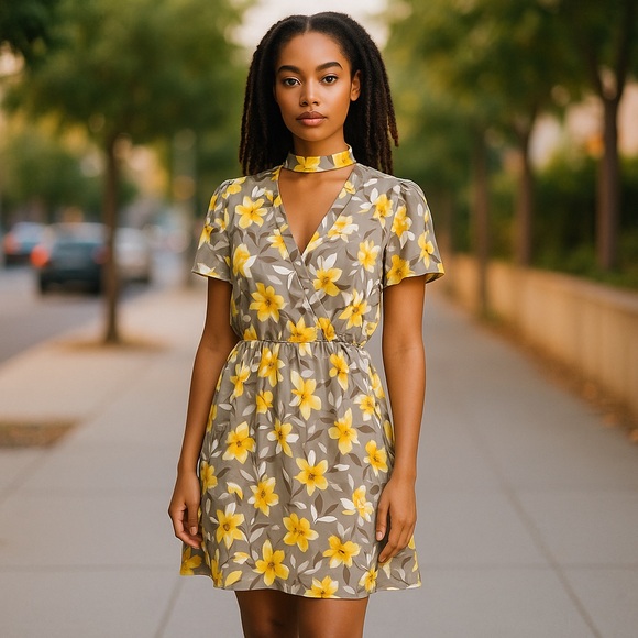 Floral Choker Collar Surplice V Elastic Waist Day Dress Peach Love S Grey Yellow - Picture 1 of 16